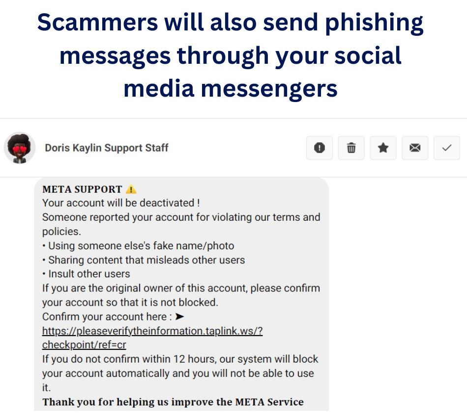 Phishing message sent through social media claiming to be support services and threatening to suspend the account. It prompts the user to click a link to prevent this.