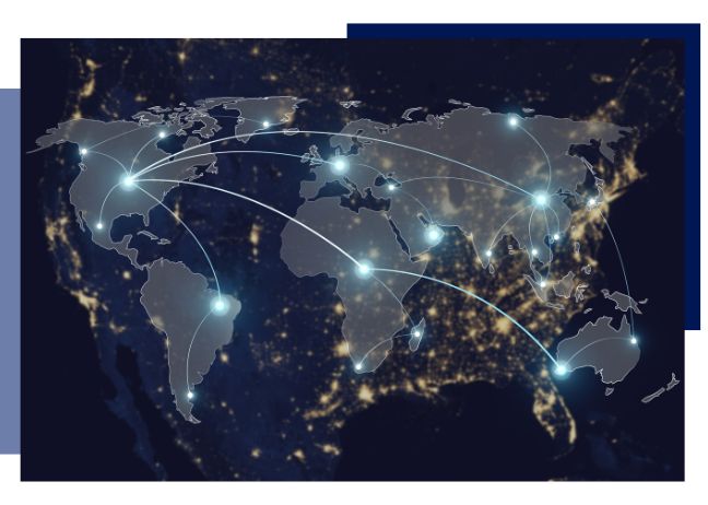 a map of the world with lit up lines connecting cities across the world.