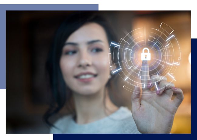 confidence in cyber security: a woman touching a padlock hologram