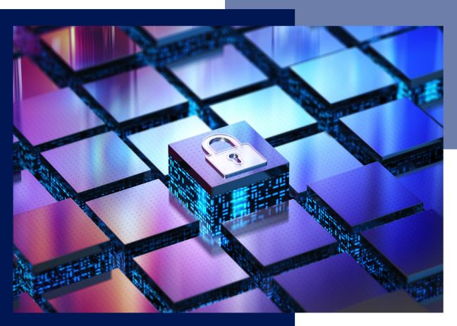 Tecnica Cyber Security Scotland AI generated image of padlock, elevated on on a pattern of squares to emphasise Tecnica's Endpoint Security services