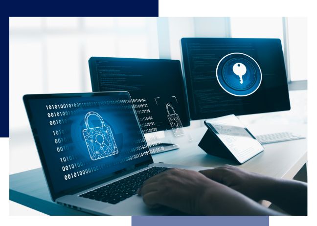Computer systems displaying cyber security symbols to show they are being protected from threats like a social engineering attack.