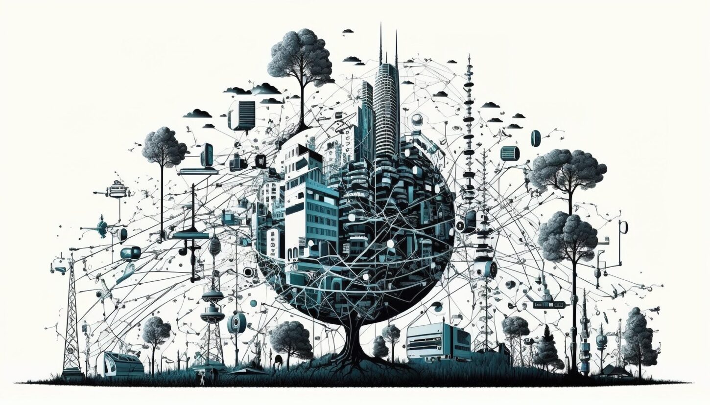 An artistic illustration of a large interconnected digital network forming the shape of a tree with a city built into its canopy. Buildings, cables, sensors and devices spread outward in all directions, connecting to surrounding trees, towers and machinery, creating a complex web that symbolises global digital infrastructure.
