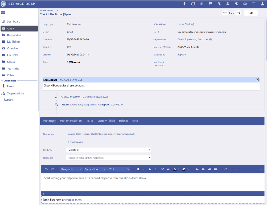 Auto MNT Ticket OrcAstra service desk maintenance ticket screenshot