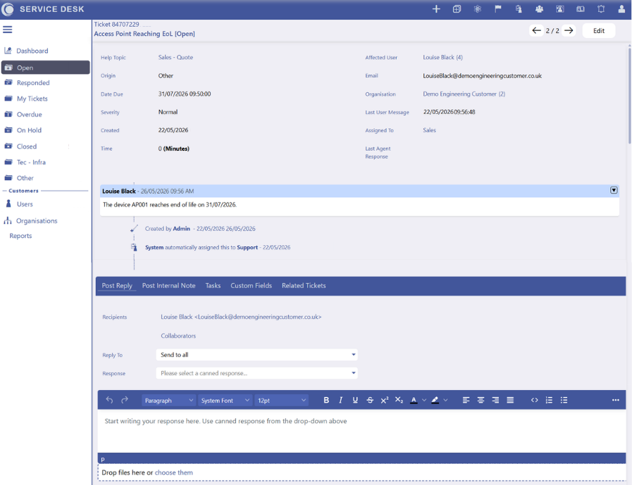Auto RFQ EOL Ticket OrcAstra Service Desk ticket for RFQ (request for quotation) screenshot